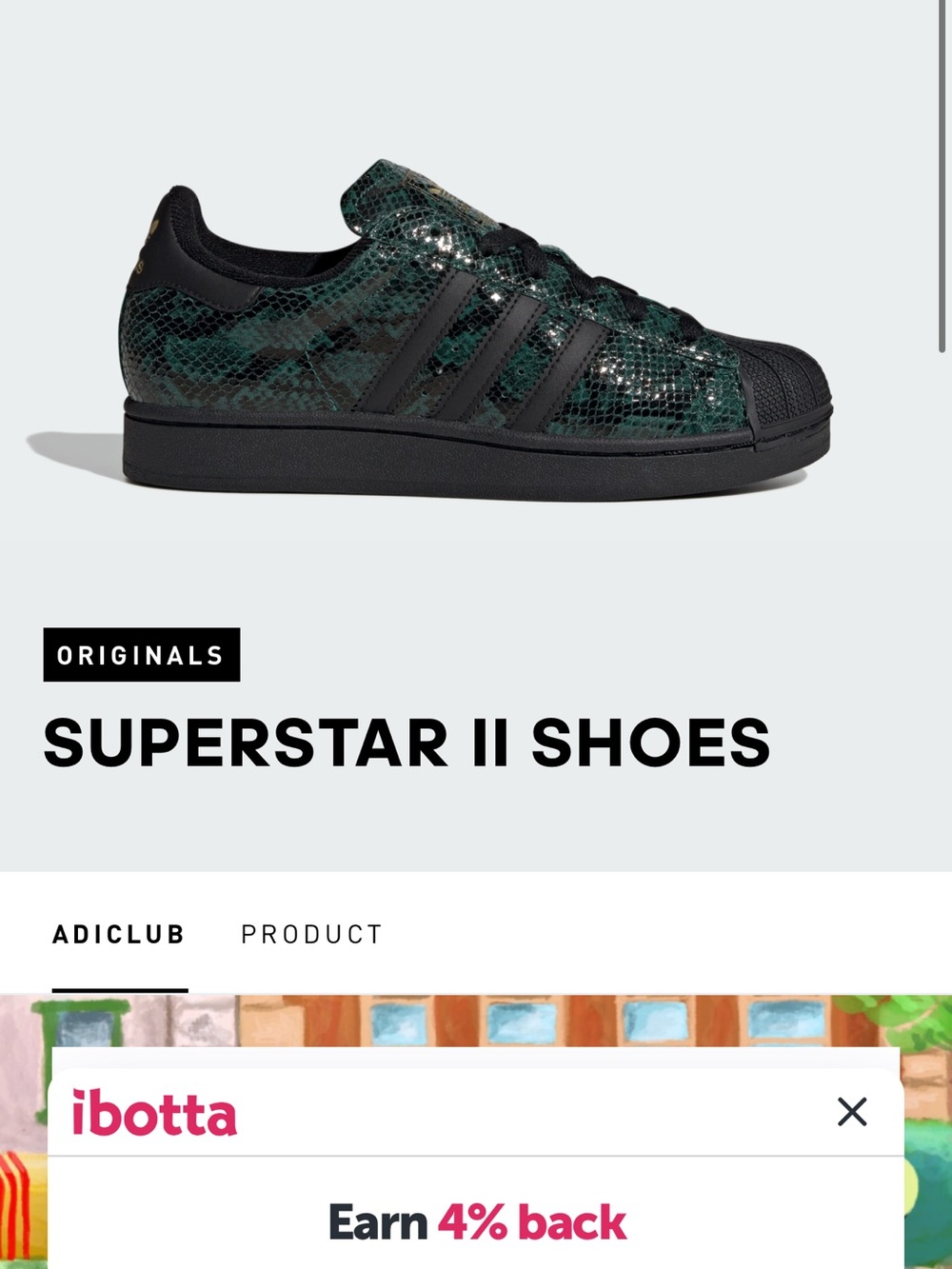 adidas Superstar II Shoes in Black and Dark Green Snake Print